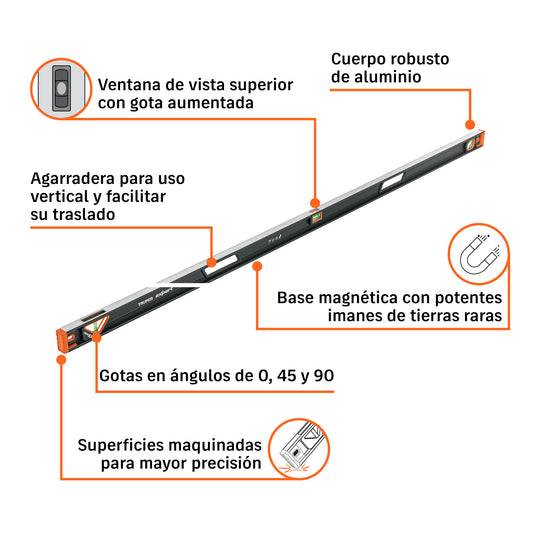 Nivel de Aluminio Expert NP-72X 72" con 8 Imanes | Precisión