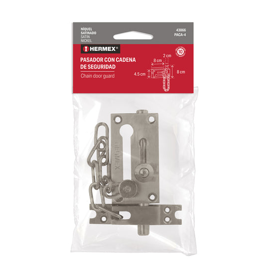 Cerrojo Seguridad Hermex PACA-4 con Cadena Níquel Satinado 8x4.5cm