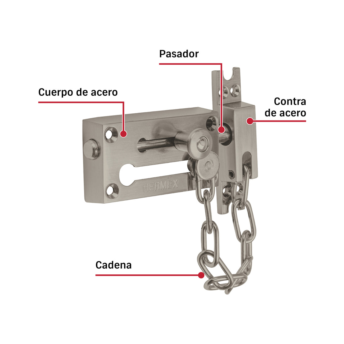 Cerrojo Seguridad Hermex PACA-4 con Cadena Níquel Satinado 8x4.5cm