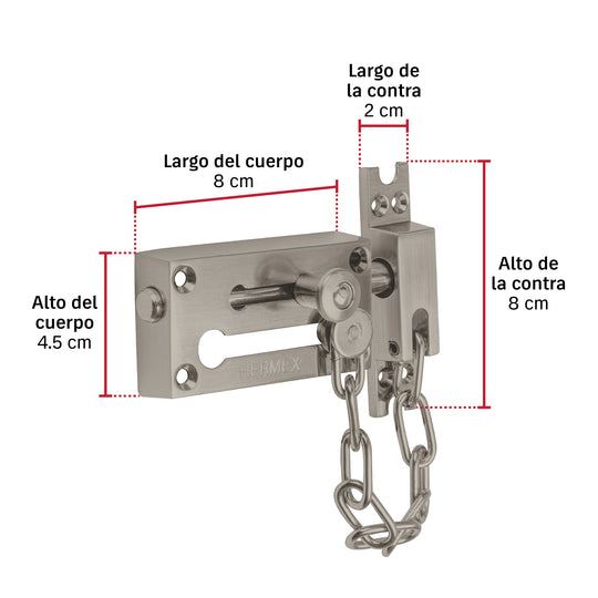 Cerrojo Seguridad Hermex PACA-4 con Cadena Níquel Satinado 8x4.5cm
