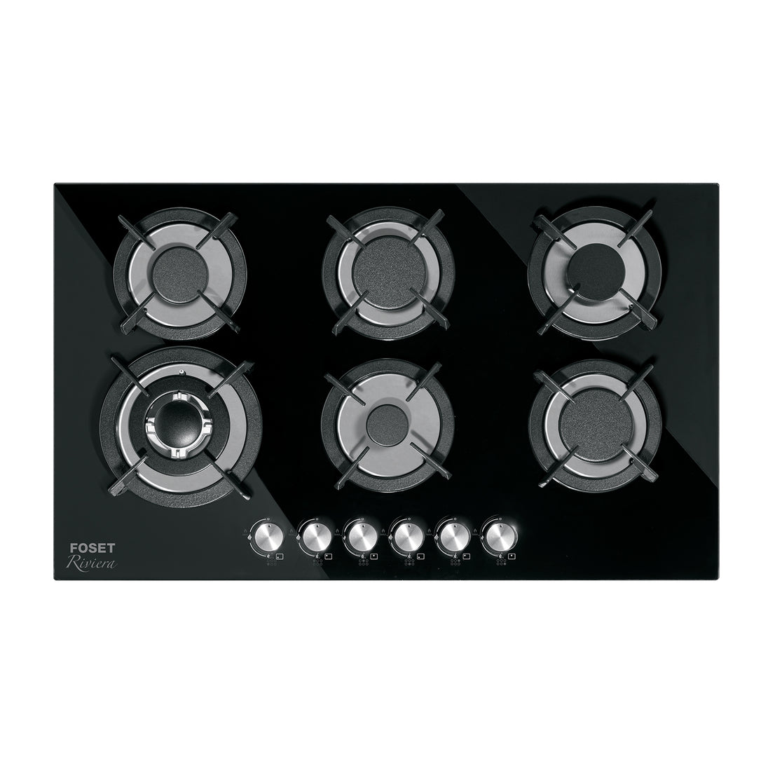 PAE-906GV Parrilla gas empotrable 90cm, 6 quem, vidrio negro, RIVIERA