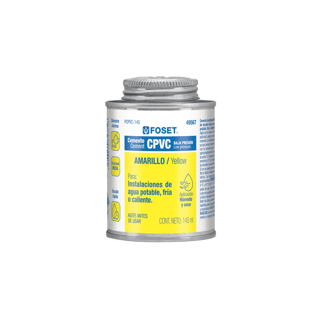 PCPVC-145 Cemento p/CPVC, amarillo, toda presión, lata 145ml, FOSET