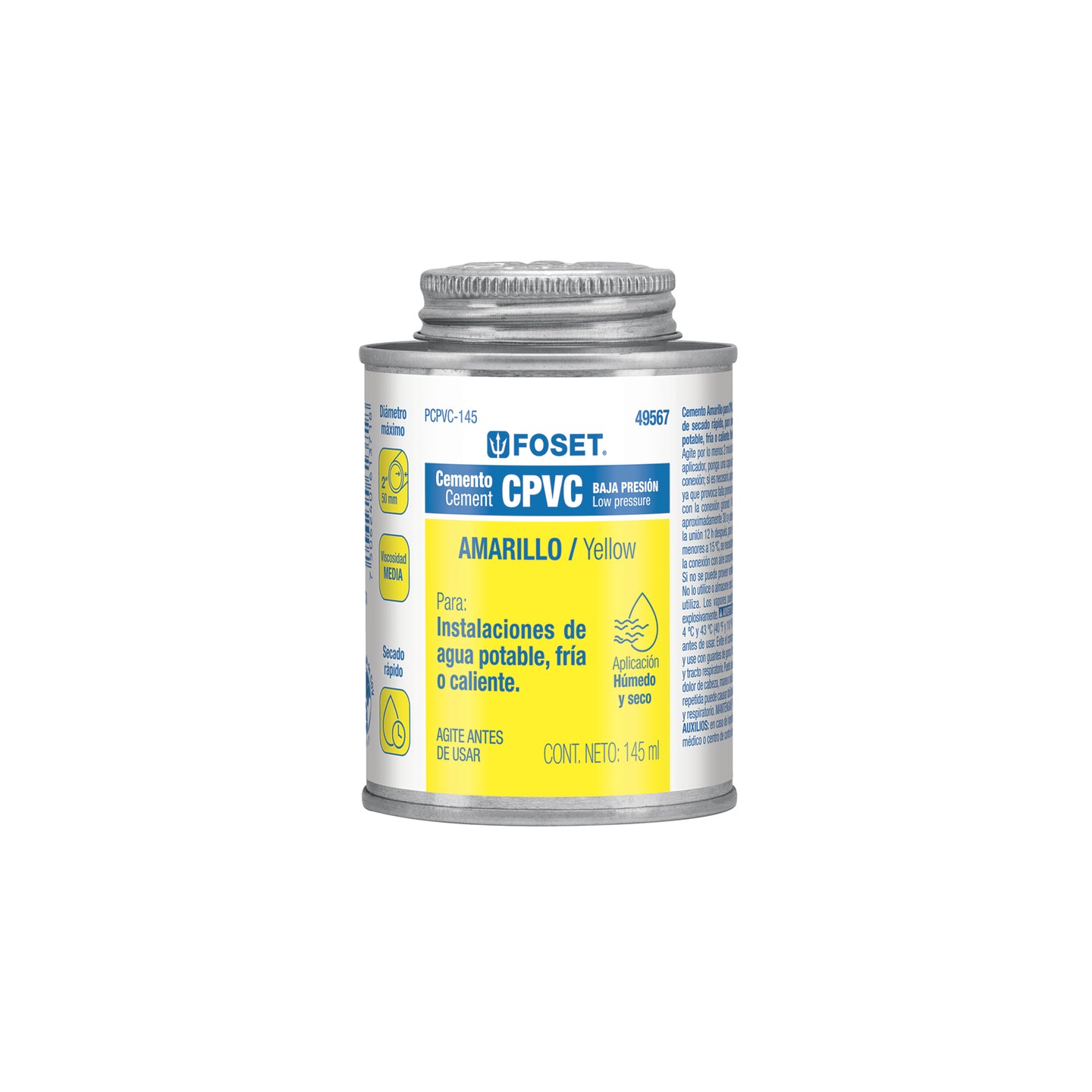 PCPVC-145 Cemento p/CPVC, amarillo, toda presión, lata 145ml, FOSET
