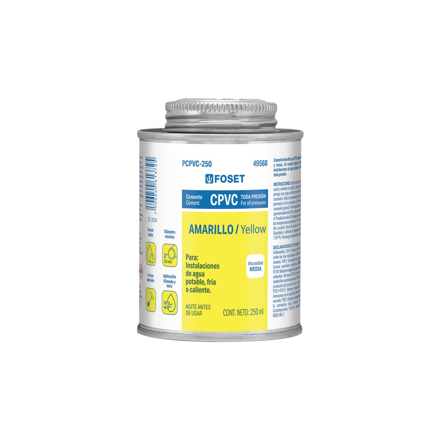 PCPVC-250 Cemento p/CPVC, amarillo, toda presión, lata 250ml, FOSET