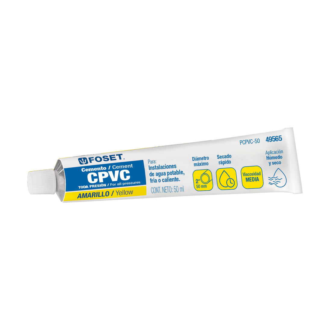 PCPVC-50 Cemento p/CPVC, amarillo, toda presión, tubo 50ml, FOSET