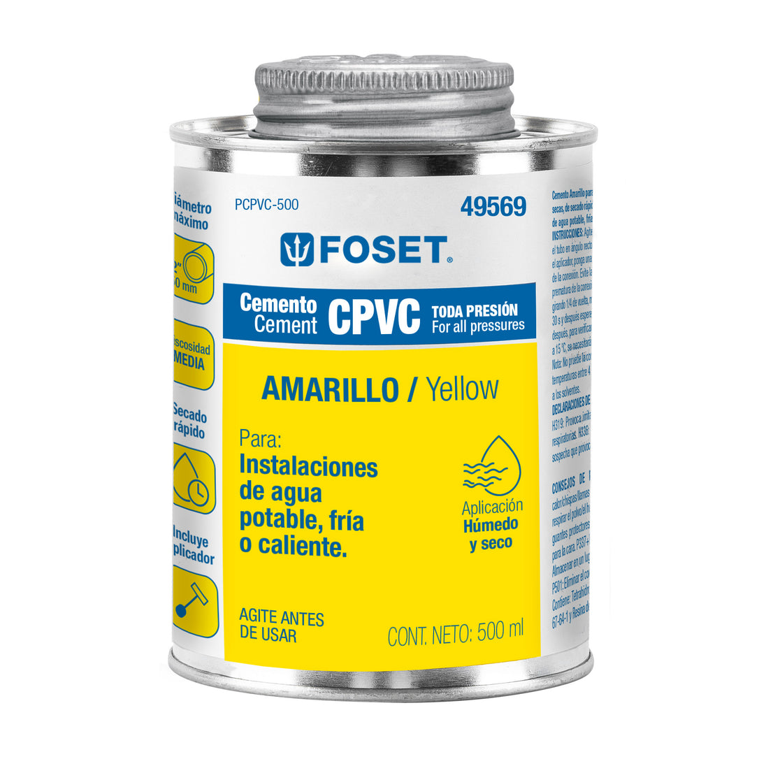 PCPVC-500 Cemento p/CPVC, amarillo, toda presión, lata 500ml, FOSET