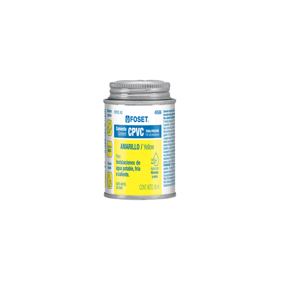 PCPVC-90 Cemento p/CPVC, amarillo, toda presión, lata 90ml, FOSET
