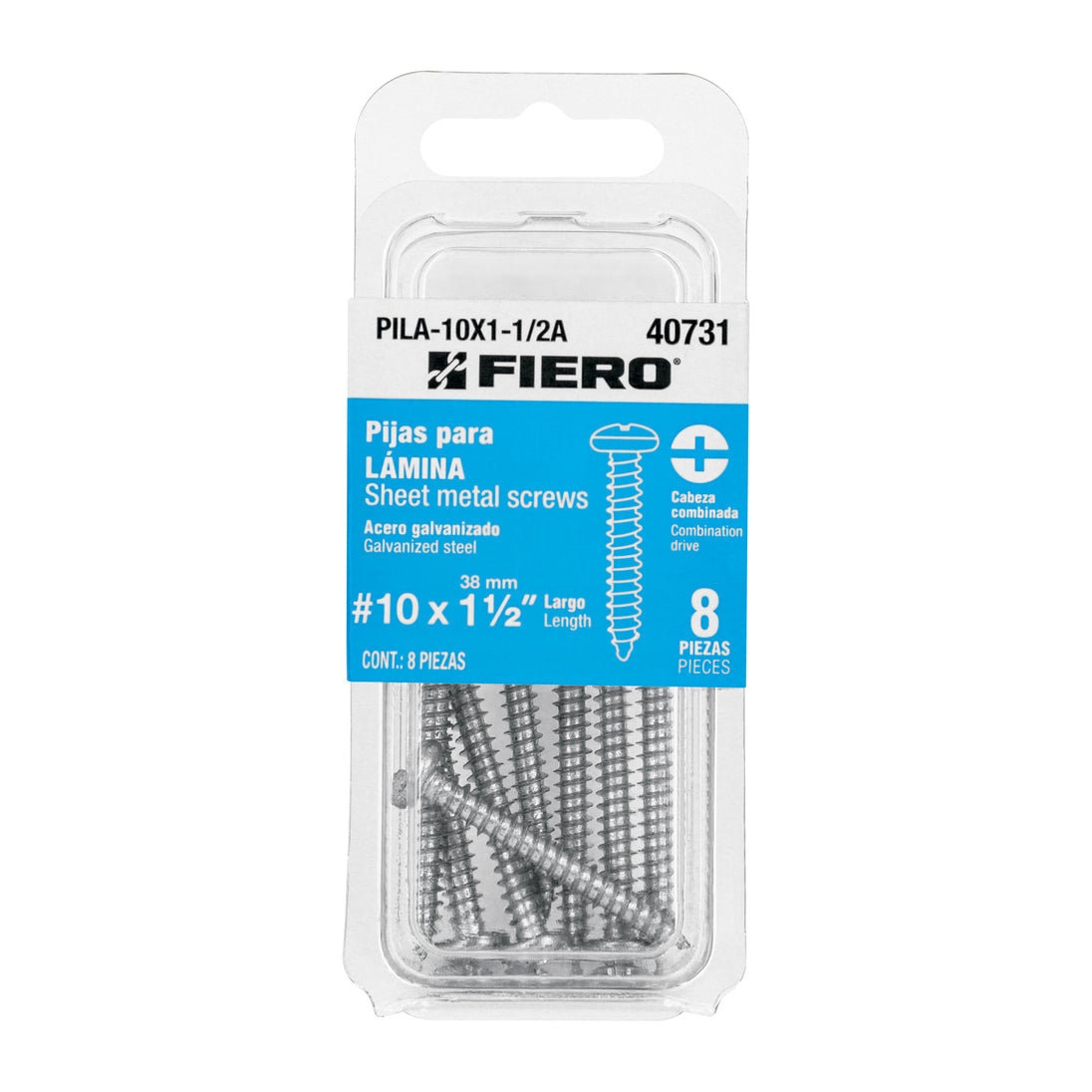 PILA-10X1-1/2A Blíster con 8 pijas para lámina, #10 x 1-1/2", FIERO
