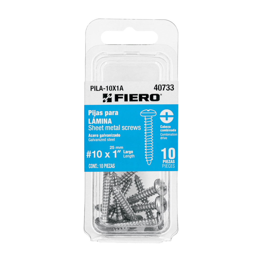 PILA-10X1A Blíster con 10 pijas para lámina, #10 x 1", FIERO