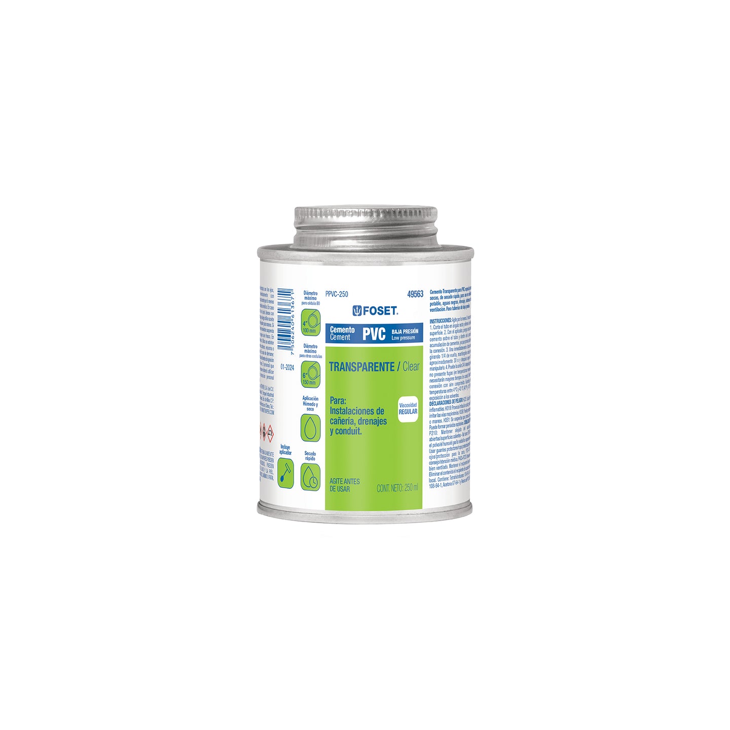 PPVC-250 Cemento p/PVC, transparente, baja presión, lata 250ml, FOSET