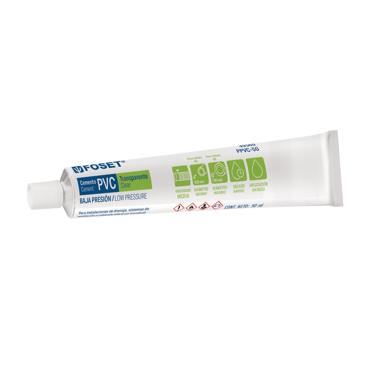 PPVC-50 Cemento p/PVC, transparente, baja presión, tubo 50ml, FOSET