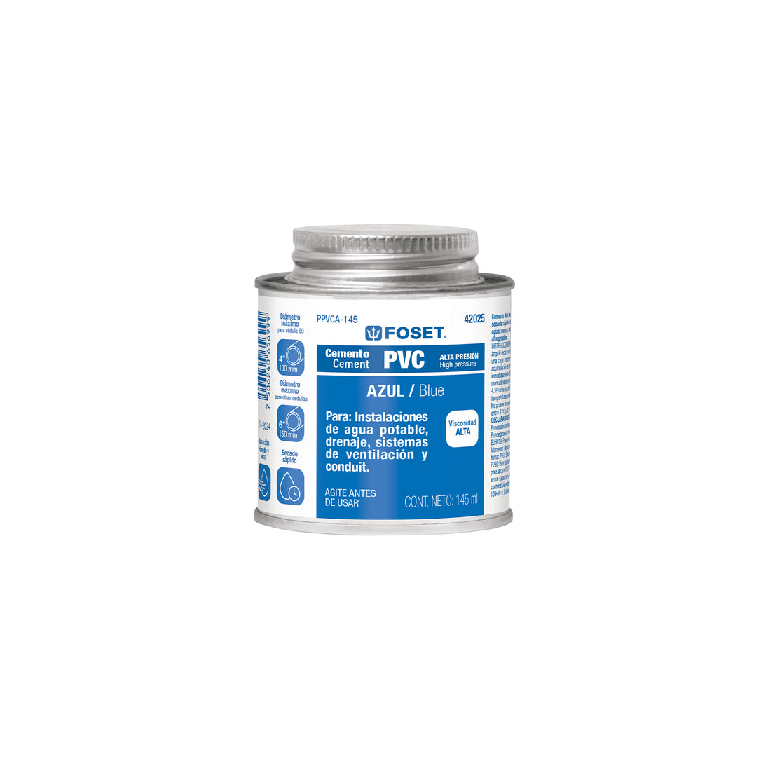 PPVCA-145 Cemento p/PVC, azul, alta presión, lata 145ml, FOSET