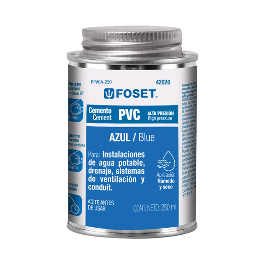 PPVCA-250 Cemento p/PVC, azul, alta presión, lata 250ml, FOSET