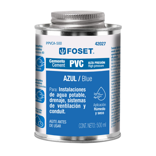 PPVCA-500 Cemento p/PVC, azul, alta presión, lata 500ml, FOSET