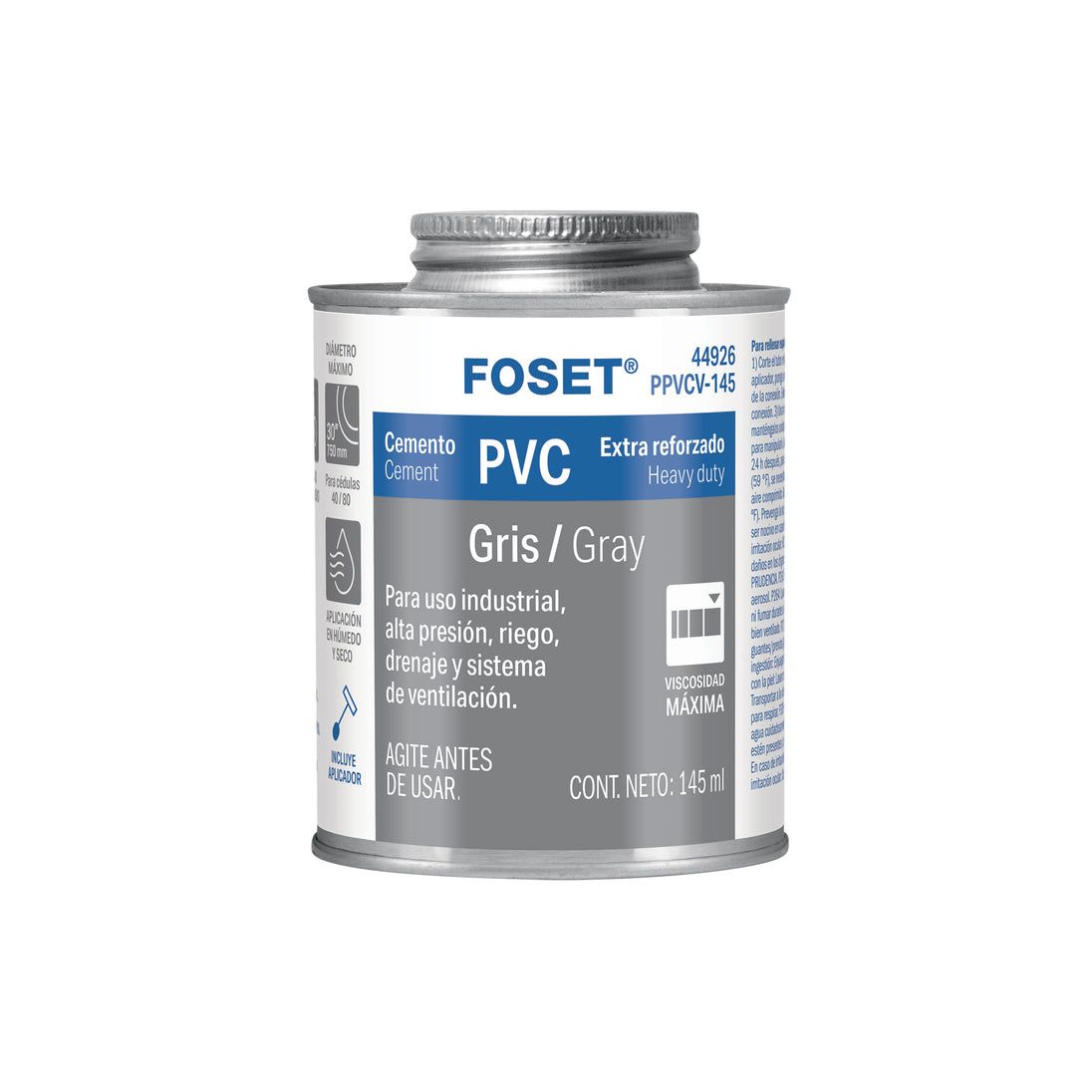 PPVCV-145 Cemento para PVC, gris, máxima viscosidad, lata 145ml, FOSET