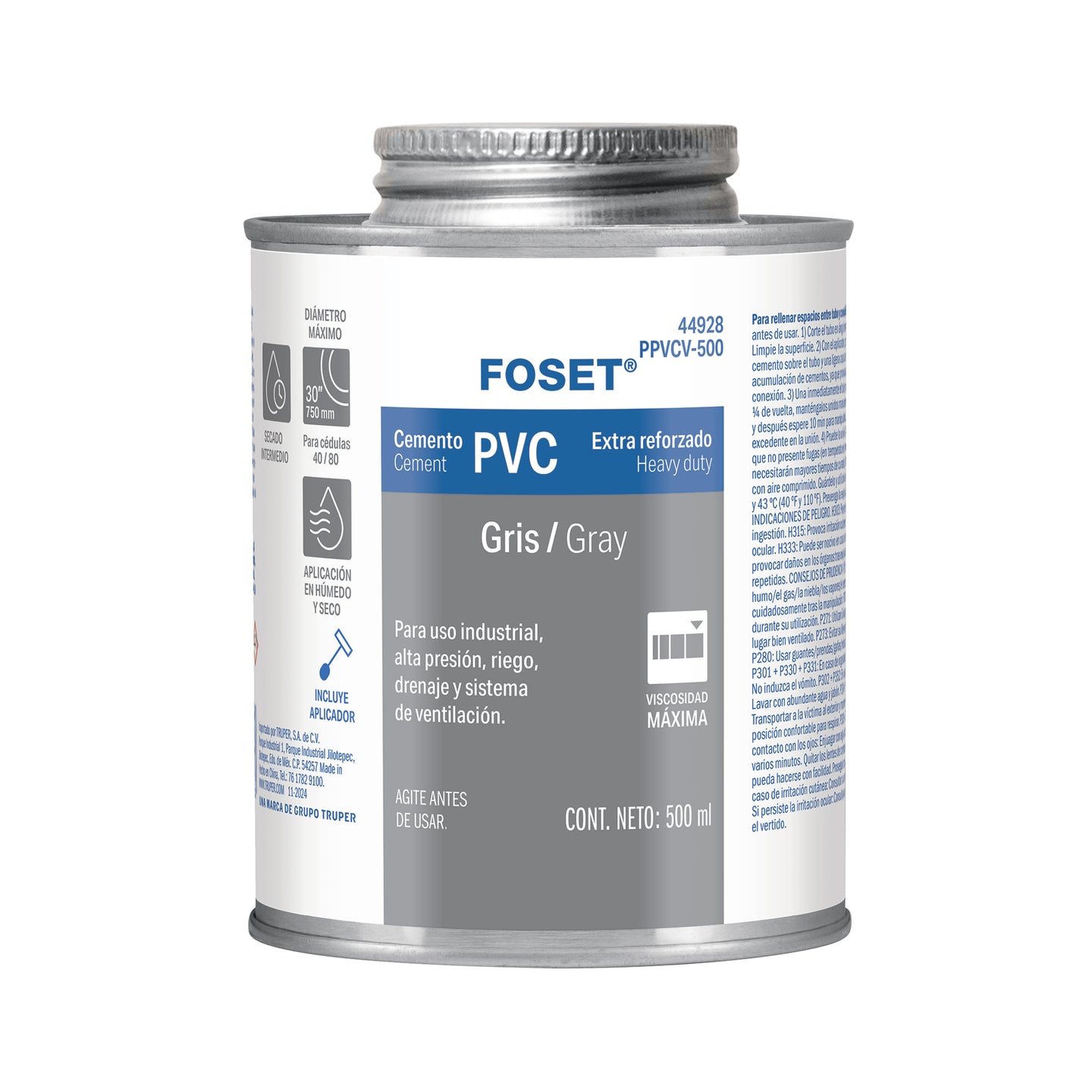 PPVCV-500 Cemento para PVC, gris, máxima viscosidad, lata 500ml, FOSET