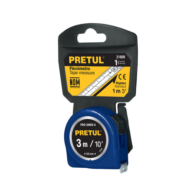 PRO-3MEB-A Flexómetro azul 3 m cinta 13 mm, en tarjeta, PRETUL