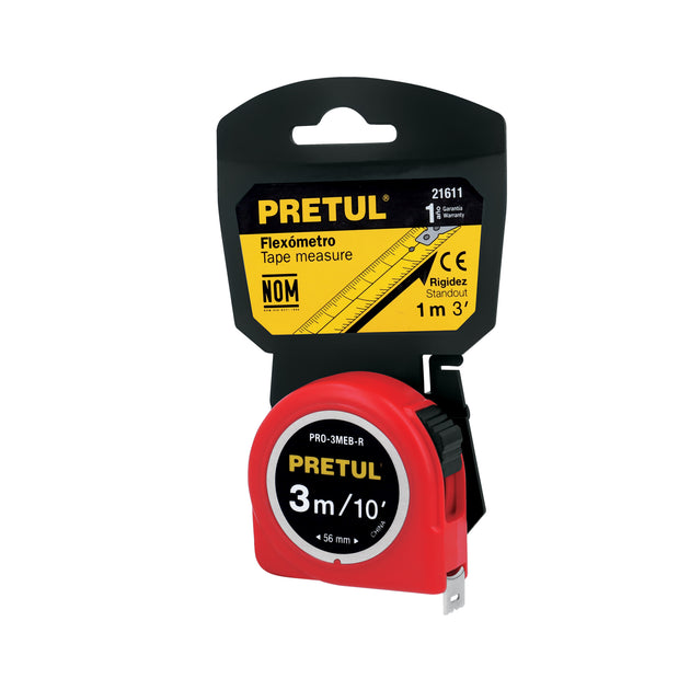 PRO-3MEB-R Flexómetro rojo 3 m cinta 13 mm, en tarjeta, PRETUL