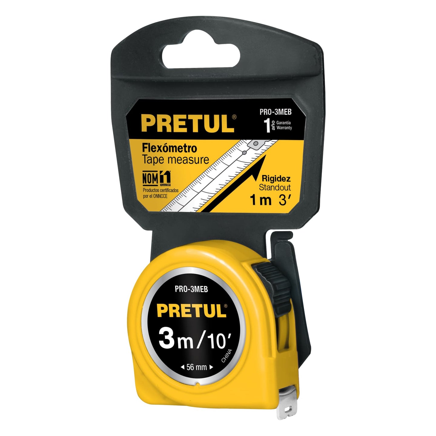 PRO-3MEB Flexómetro amarillo 3 m cinta 13 mm, en tarjeta, PRETUL