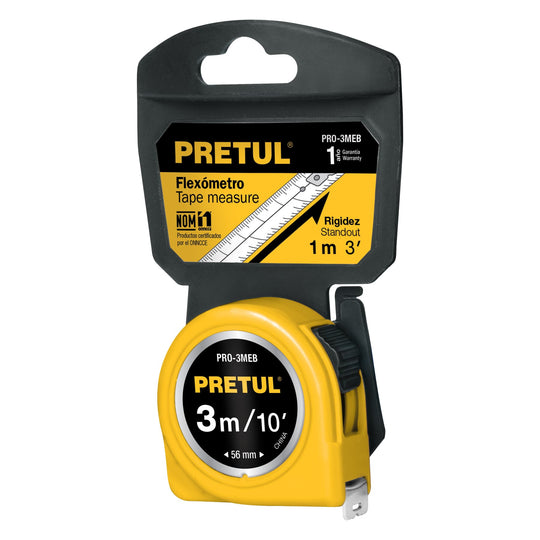 PRO-3MEB Flexómetro amarillo 3 m cinta 13 mm, en tarjeta, PRETUL