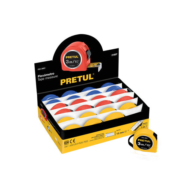 PRO-3MEC Flexómetro 3 m cinta 13 mm, display box con 24 pzas, PRETUL