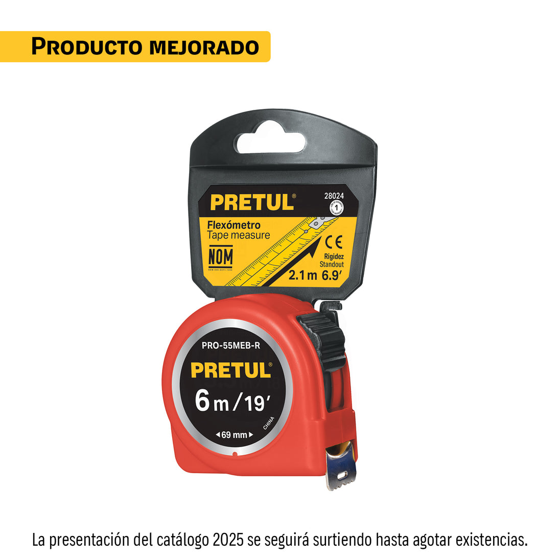 PRO-55MEB-R Flexómetro rojo 5.5 m cinta 25 mm, en tarjeta, PRETUL