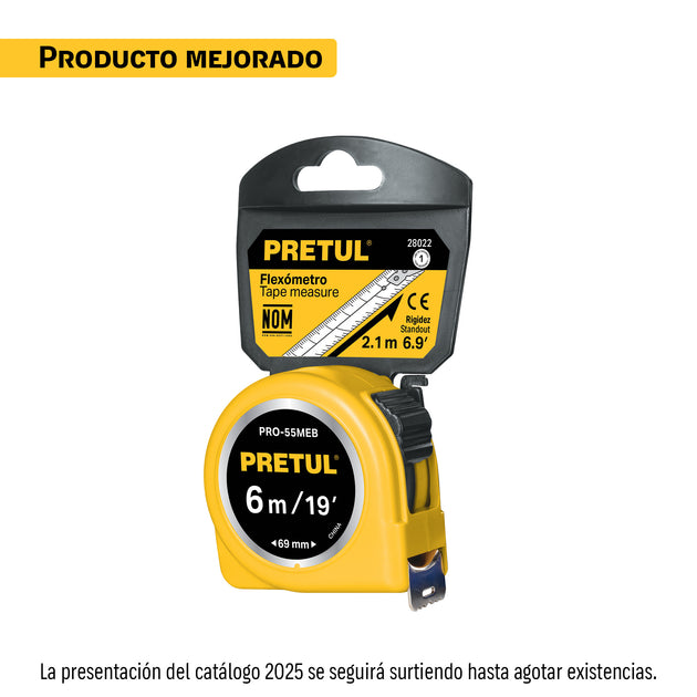 PRO-55MEB Flexómetro amarillo 5.5 m cinta 25 mm, en tarjeta, PRETUL