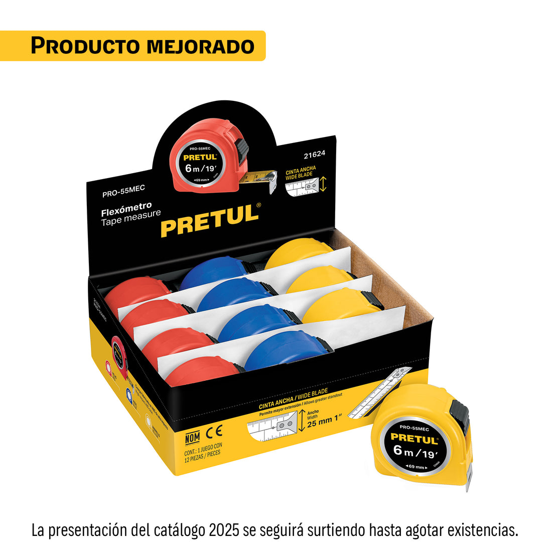 PRO-55MEC Flexómetro 5.5 m cinta 25 mm, display box con 12 pzas,PRETUL