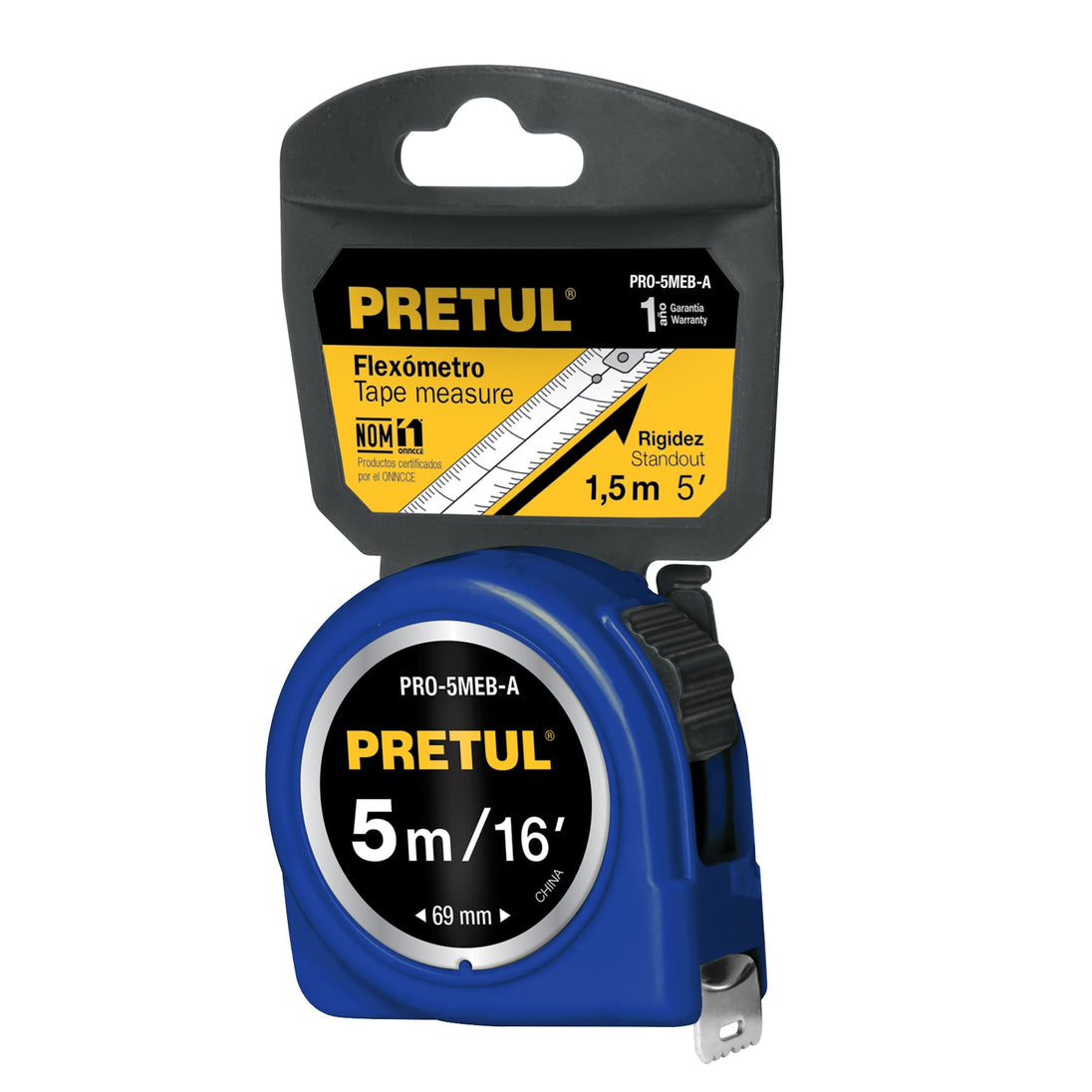 PRO-5MEB-A Flexómetro azul 5 m cinta 19 mm, en tarjeta, PRETUL