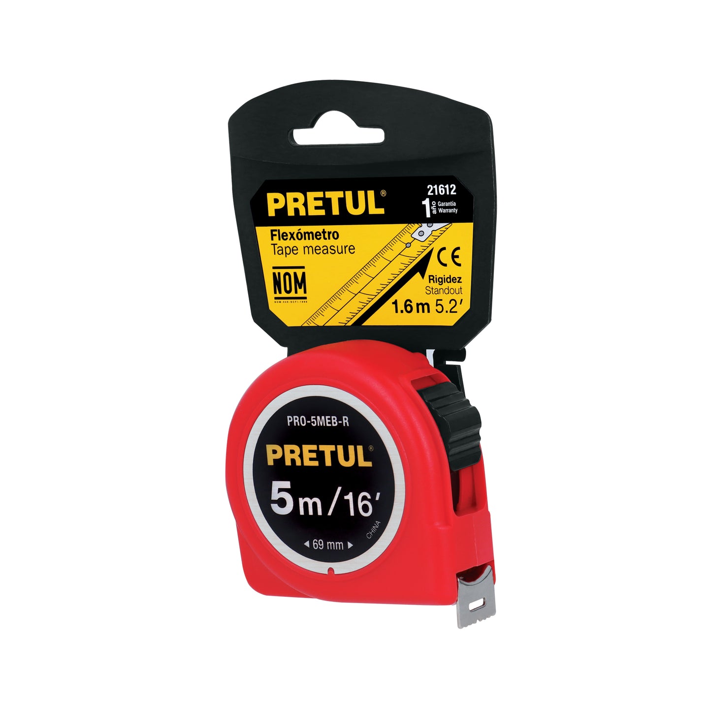 PRO-5MEB-R Flexómetro rojo 5 m cinta 19 mm, en tarjeta, PRETUL
