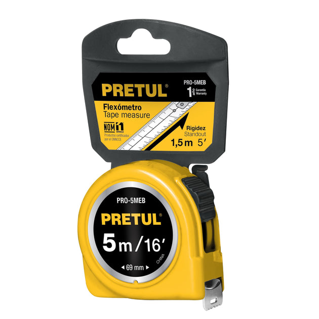 PRO-5MEB Flexómetro amarillo 5 m cinta 19 mm, en tarjeta, PRETUL