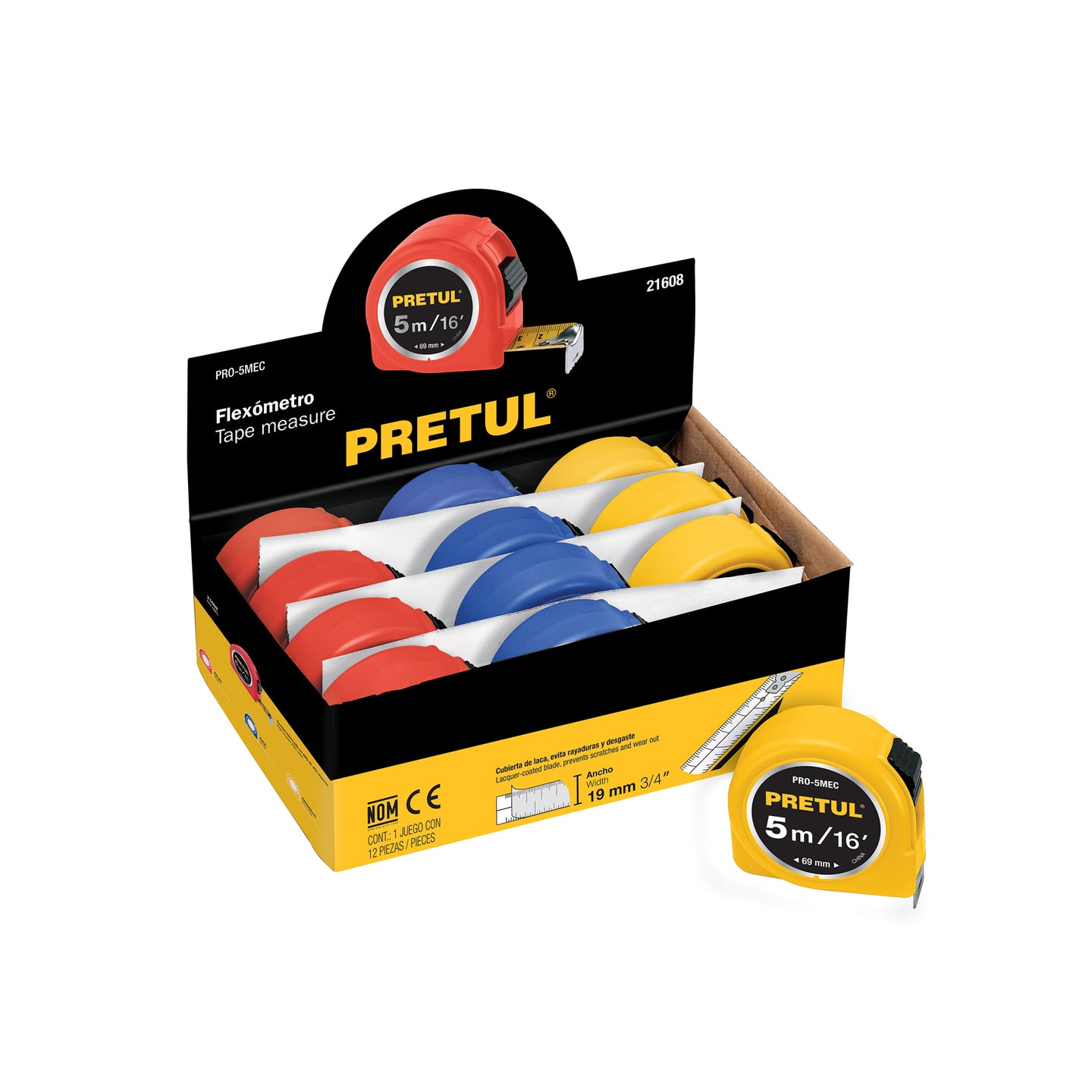 PRO-5MEC Flexómetro 5 m cinta 19 mm, display box con 12 pzas, PRETUL