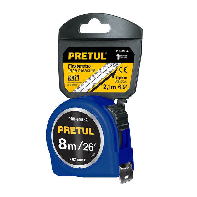 PRO-8ME-A Flexómetro azul 8 m cinta 25 mm, en tarjeta, PRETUL