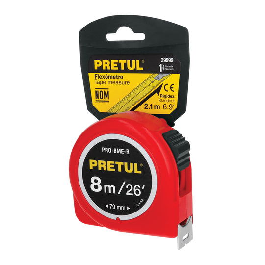 PRO-8ME-R Flexómetro rojo 8 m cinta 25 mm, en tarjeta, PRETUL