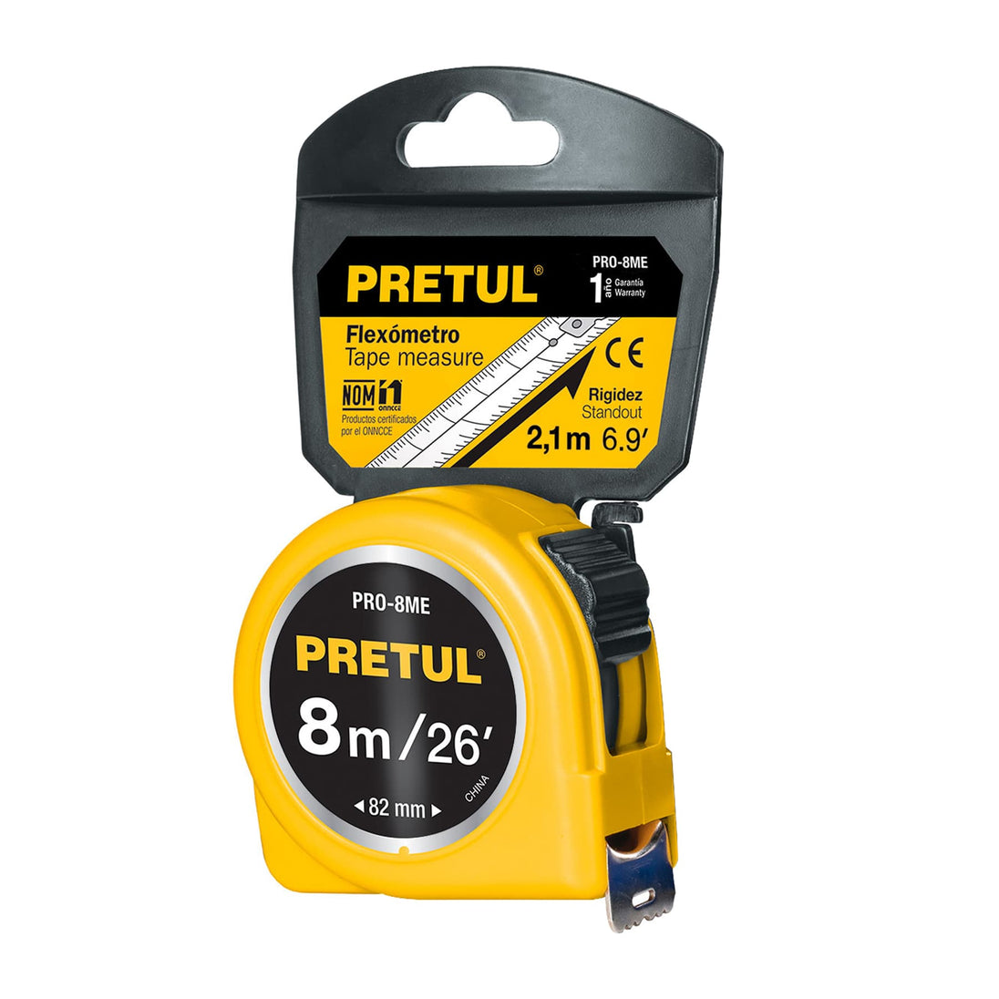 PRO-8ME Flexómetro amarillo 8 m cinta 25 mm, en tarjeta, PRETUL