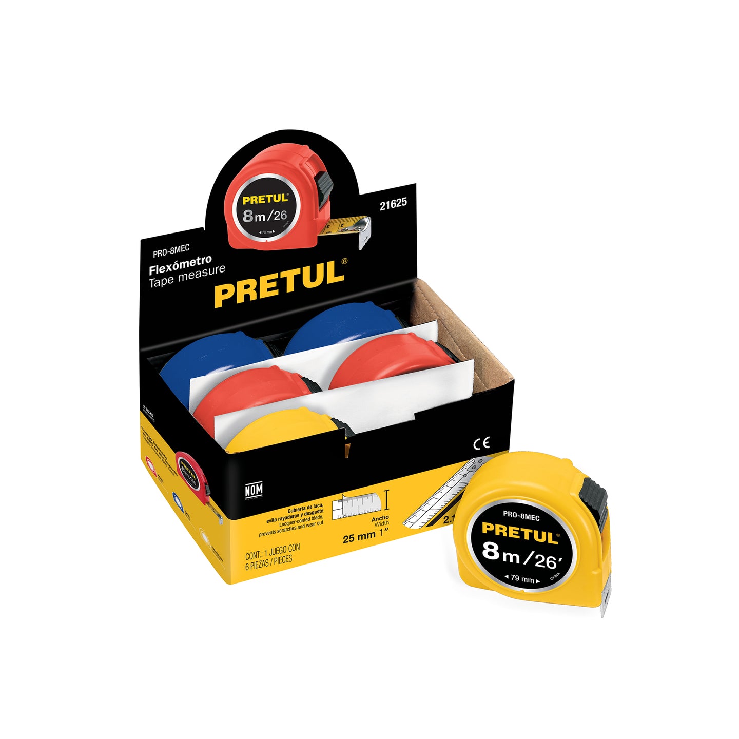 PRO-8MEC Flexómetro 8 m cinta 25 mm, display box con 6 pzas, PRETUL