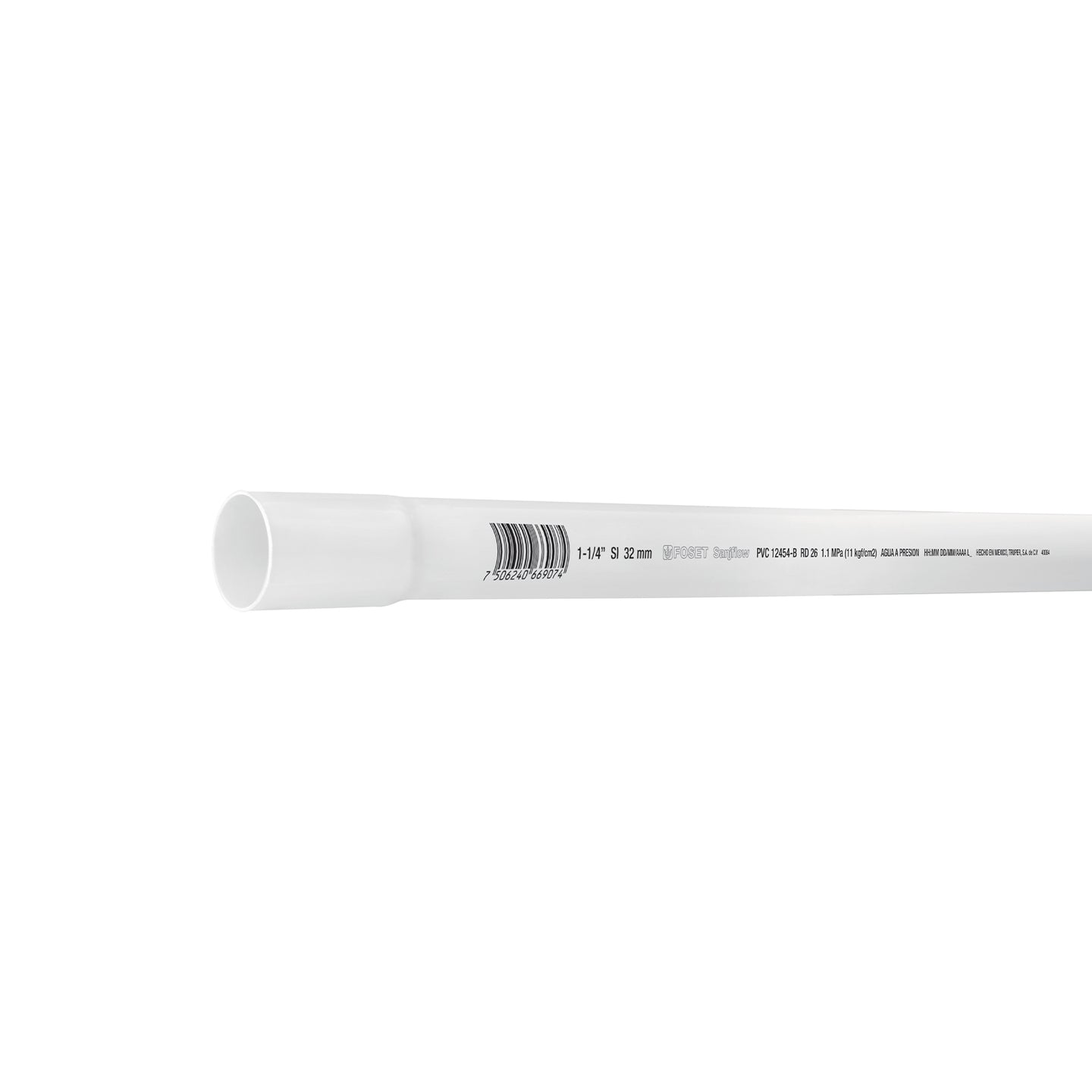 PVC-104 Tubo de 1-1/4" PVC hidráulico RD 26, 3m, 0.9kg, FOSET