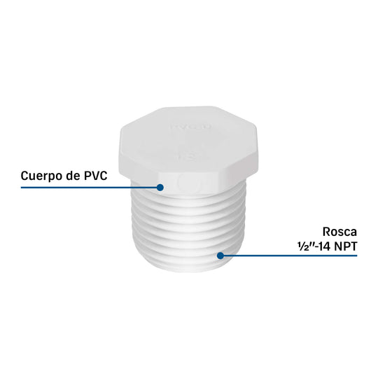 Tapón de PVC Foset PVC-311, 1/2", Presión 42 kgf/cm²