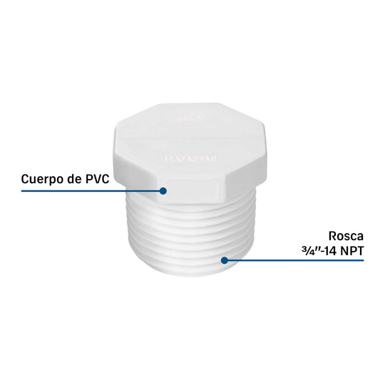 Tapón Macho PVC Foset PVC-312, 3/4" NPT, Presión 34 kgf/cm²