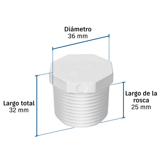 Tapón PVC Foset PVC-313, 1" NPT, Presión 32 kgf/cm²