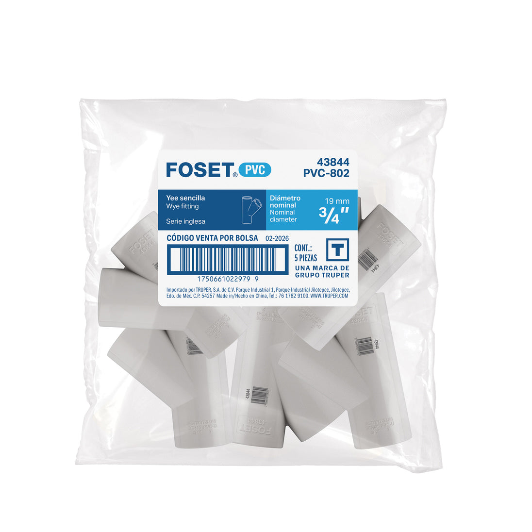 Yee de PVC Foset PVC-802, 3/4", Presión 34 kgf/cm²