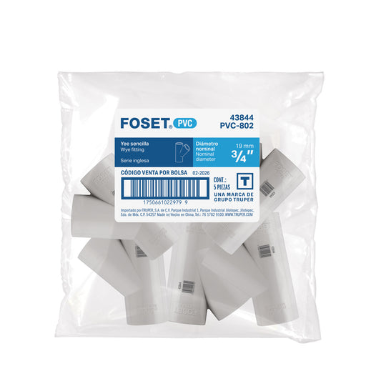 Yee de PVC Foset PVC-802, 3/4", Presión 34 kgf/cm²