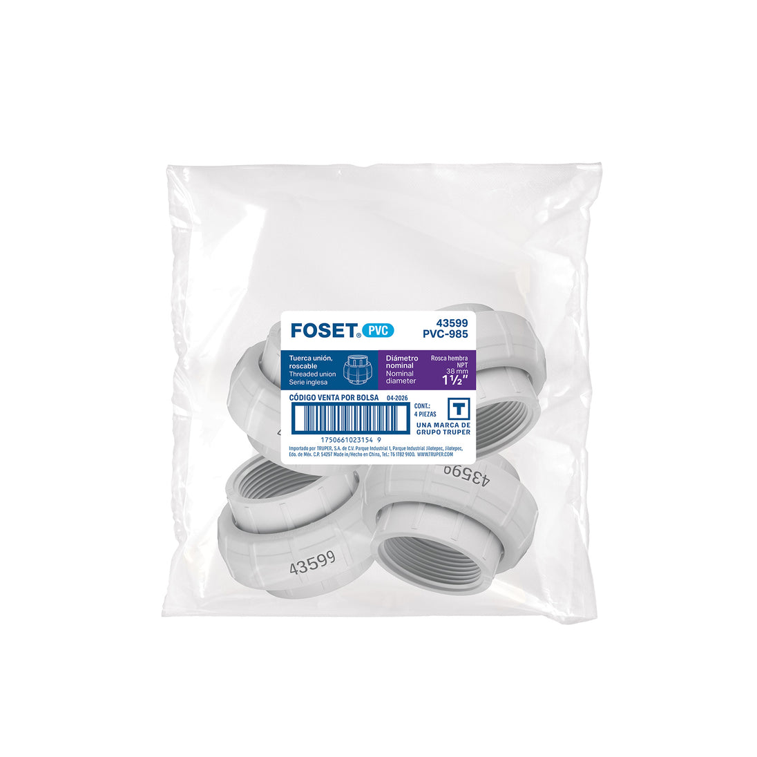 Tuerca Unión Roscable Foset PVC-985, 1-1/2", Presión 23 kgf/cm²
