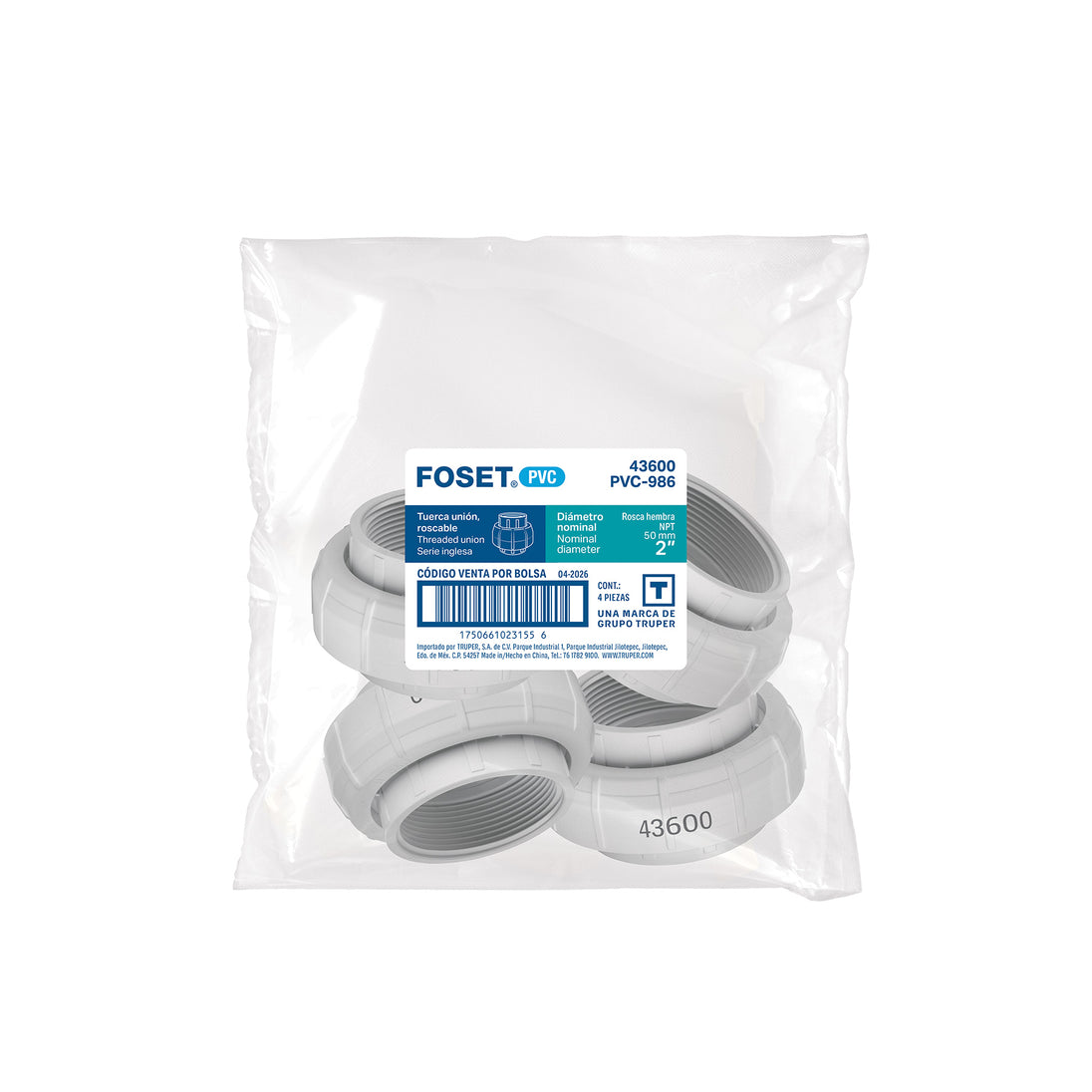 Tuerca Unión Roscable Foset PVC-986, 2" NPT, 19 kgf/cm²