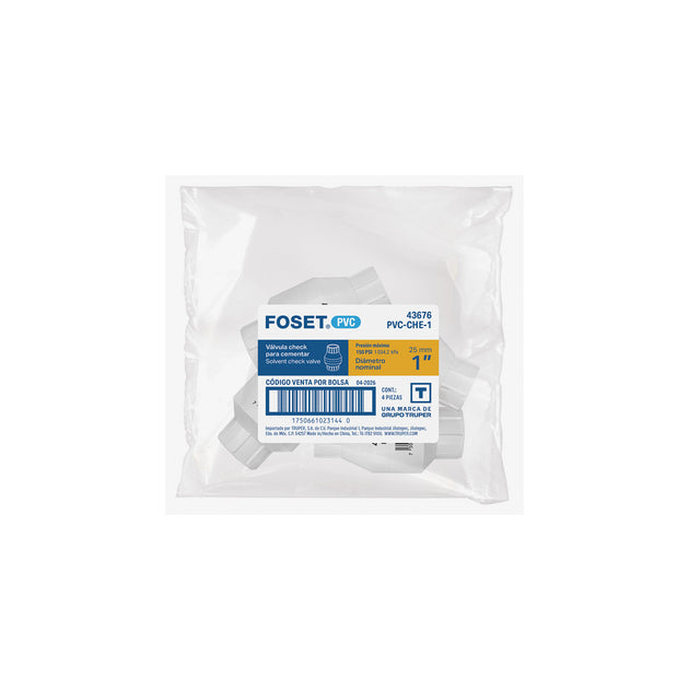 Válvula Check Foset PVC-CHE-1, 1" (25 mm), Cuerpo Cédula 40