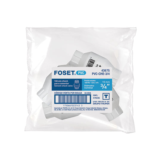 Válvula Check Foset PVC-CHE-3/4, 3/4", PVC cédula 40