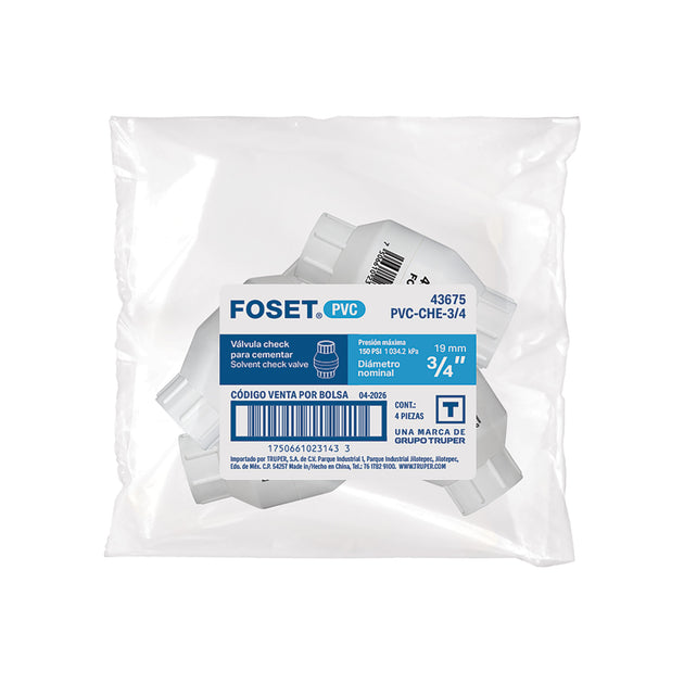 Válvula Check Foset PVC-CHE-3/4, 3/4", PVC cédula 40