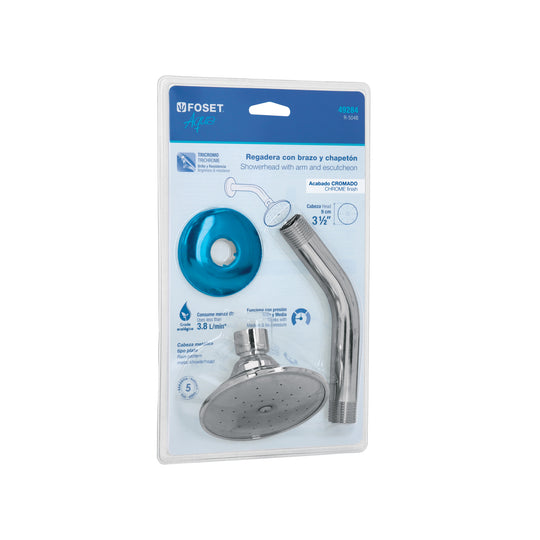 R-504B Regadera redonda 3-1/2", metálica, brazo y chapetón, blíster