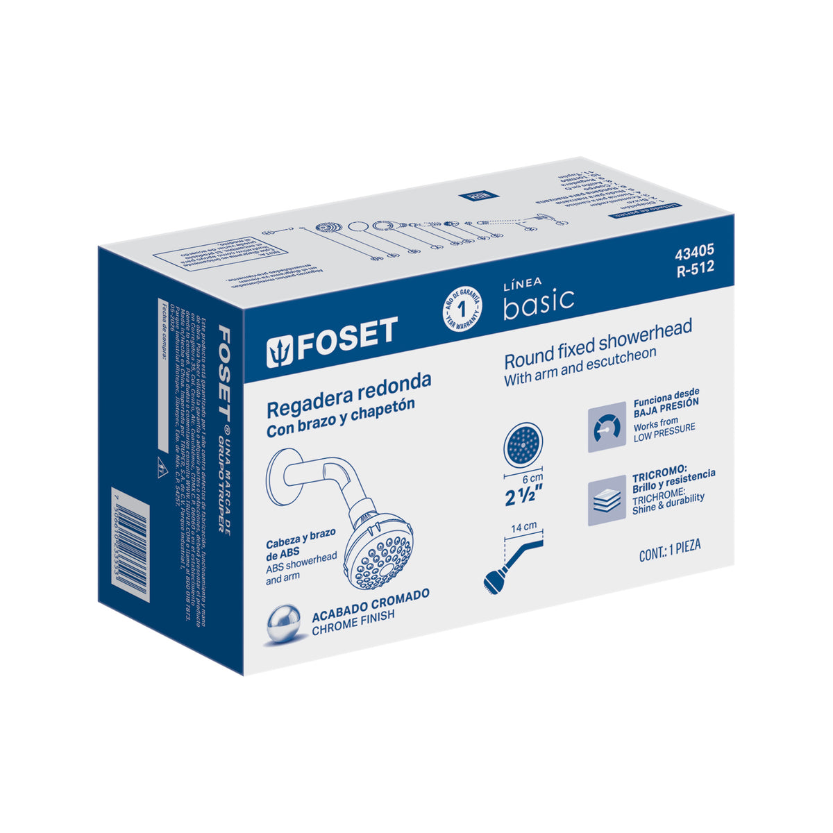 Foset R-512 Cabezal Ducha Brazo Cromado 2.5" NPT 1/2"