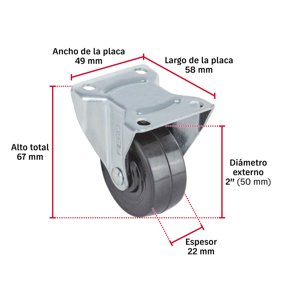 Rueda Industrial Hule 2" Placa Fija Fiero RO-111 | Silenciosa